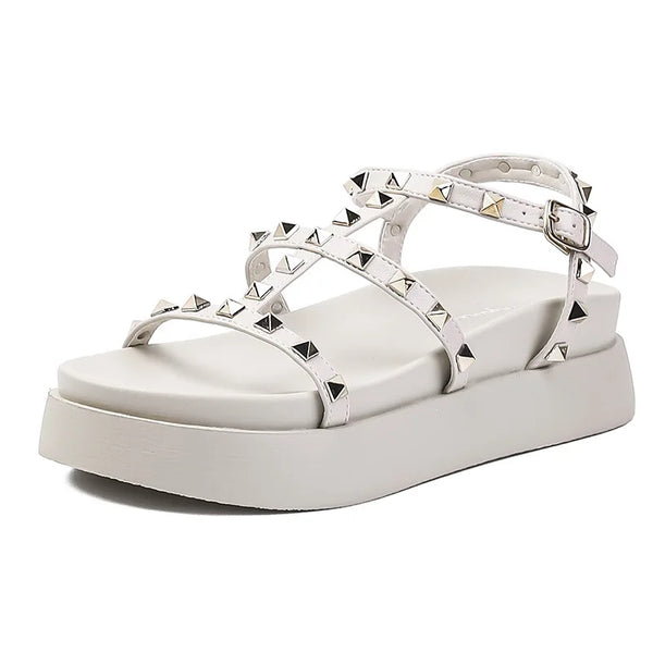 sandália feminina plataforma spikes anatômica confortável bege off white